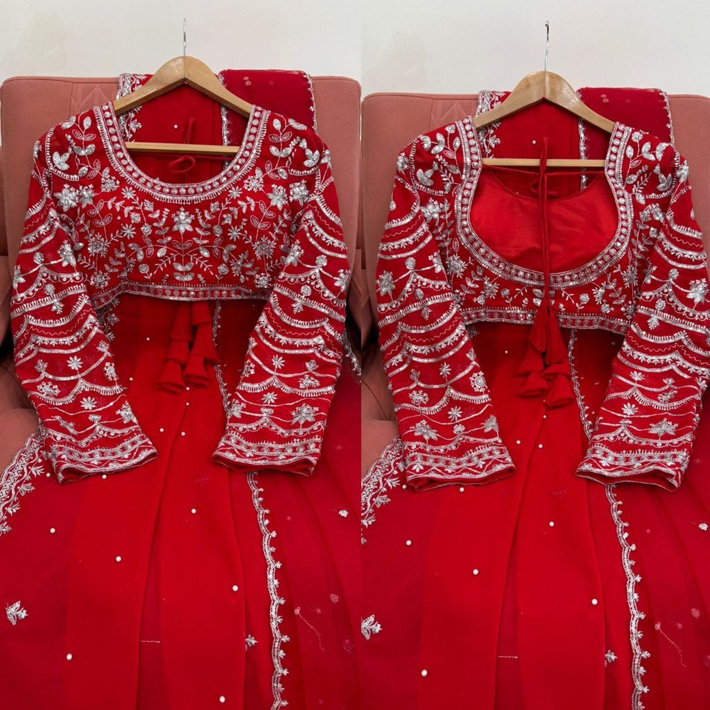 Red Karva Chauth Georgette Saree For Women Indian Wedding Saree With Blouse And Dupatta Party Wear Traditional Designer Readymade Bridal