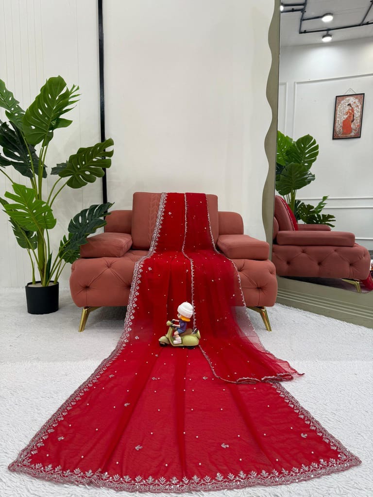 Red Karva Chauth Georgette Saree For Women Indian Wedding Saree With Blouse And Dupatta Party Wear Traditional Designer Readymade Bridal