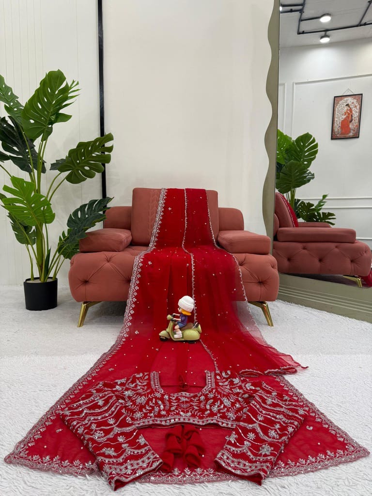 Red Karva Chauth Georgette Saree For Women Indian Wedding Saree With Blouse And Dupatta Party Wear Traditional Designer Readymade Bridal