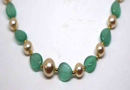 Elegant Gold Plated Green & Cream Beaded Necklace for Women