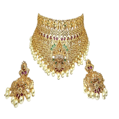Traditional Gold Plated Choker Necklace & Earrings Set with Kundan & Pearls