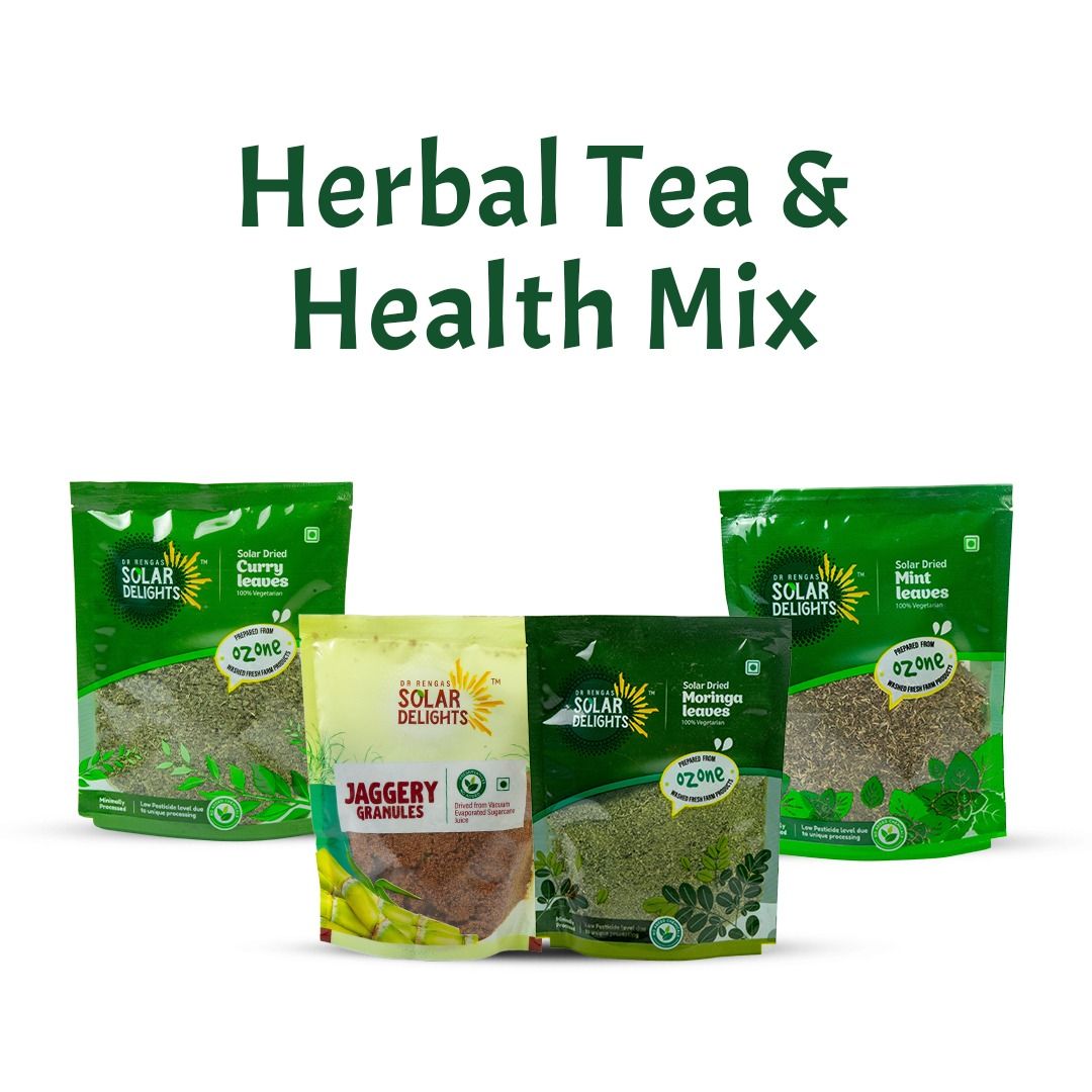 Buy Herbal Tea & Health Mix 700g – Ozone-Washed Mint, Moringa, Curry Leaves & Jaggery | Natural Immunity & Wellness Blend | 100% Preservative-Free | Dr. Renga’s Solar Delights | Made in India | Pack of 4