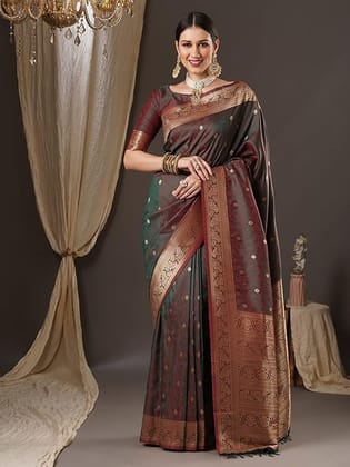 Women’s Elegant Dark Green & Maroon Banarasi Silk Saree with Rich Golden Zari Woven Border and Pallu – Traditional Wedding, Festive & Party Wear Saree with Unstitched Blouse Piece