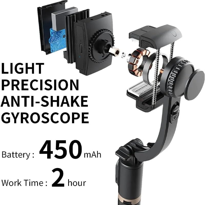 Q08 Mini Gimbal Anti-Shake 1-Axis STABILIZER Extendable Selfie Stick Tripod, Wireless Remote for Smartphone, (Black)
