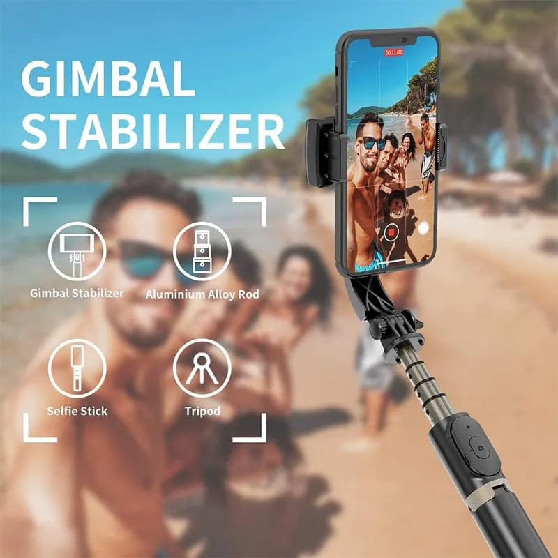 Q08 Mini Gimbal Anti-Shake 1-Axis STABILIZER Extendable Selfie Stick Tripod, Wireless Remote for Smartphone, (Black)