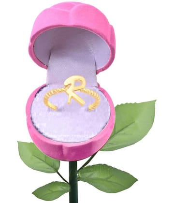 Vighnaharta Stylish R Letter Gold- Plated Alloy Ring With Pink ROSE Ring Box Valentine Rose pink Rose Box cz american Diamond for girlfriend Rose plastic rose for women and girls - None