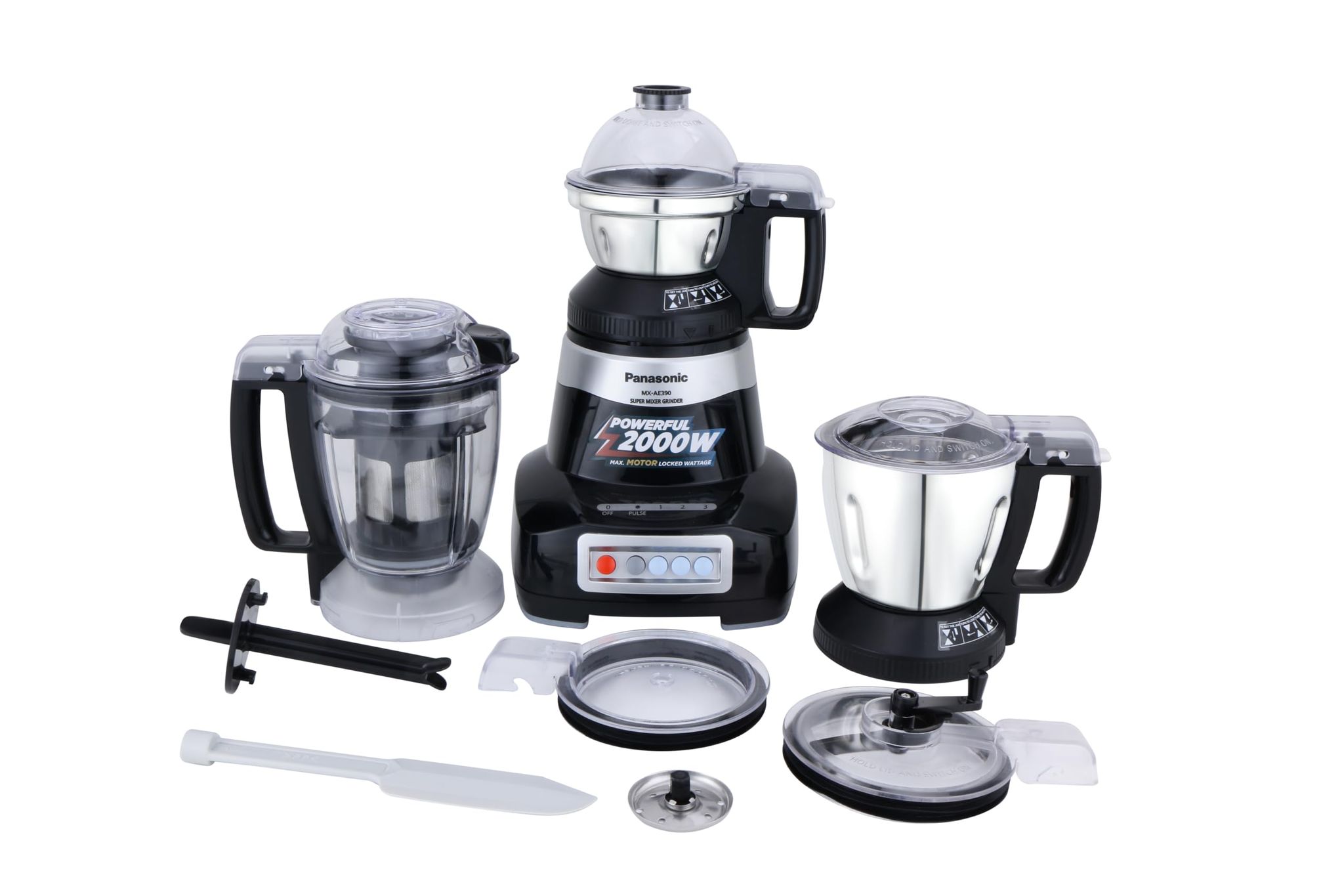 Panasonic MX-AE390 2000W (MMLW) Mixer Grinder (Black) | 3 Jars 2 Stainless Steel Multipurpose + 1 Juicer | Heavy Duty Motor | 2 Years Product Warranty + 5 Years on Motor Panasonic MX-AE390 2000W (MMLW) Mixer Grinder (Black) | 3 Jars 2 Stainless Steel Mul