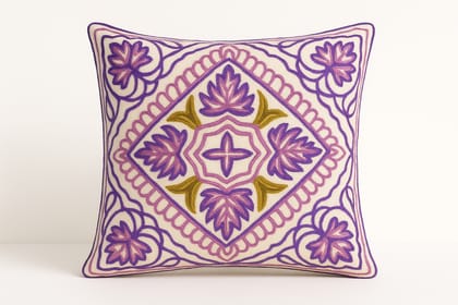 Intricate Purple Embroidered Floral Geometric Beige Cushion Cover