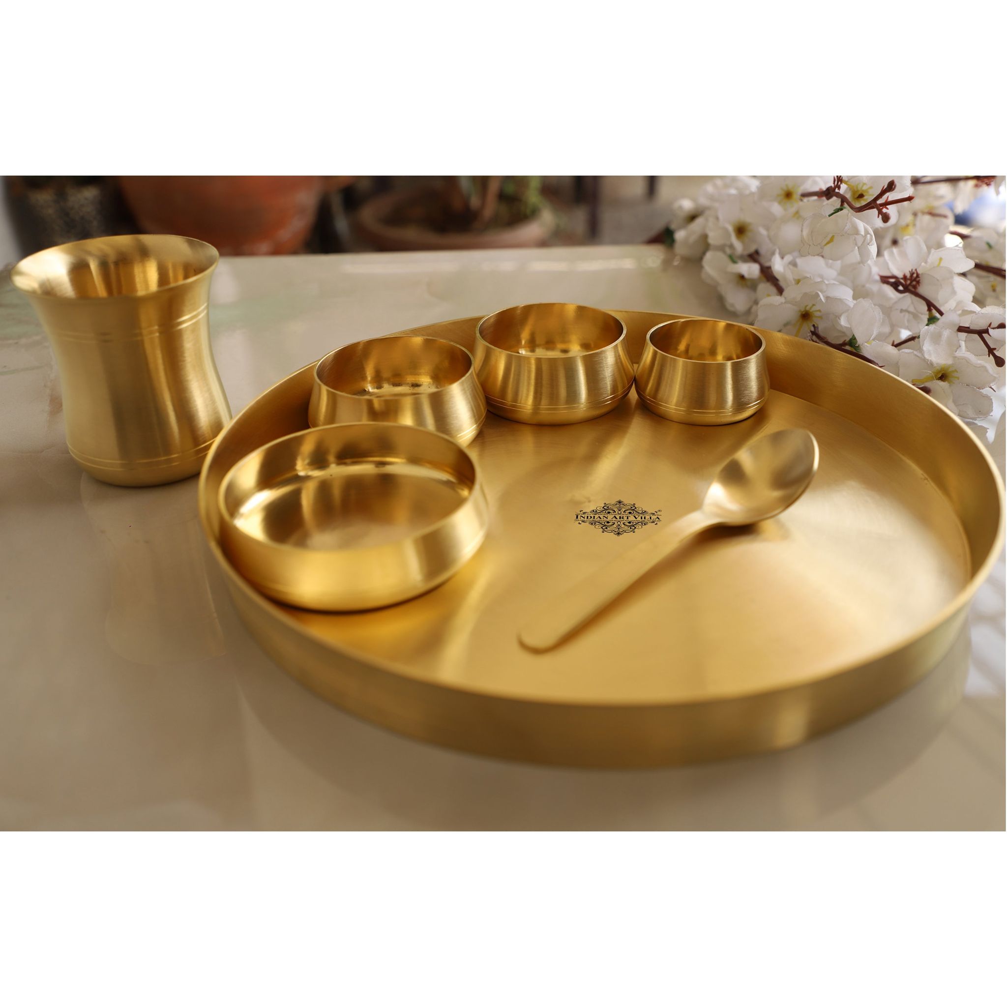 Brass 7 Pieces Dinner Set in Matt Finish, Set of 1 Thali, 1 Glass, 1 Spoon, 1 Halva Bowl, 2 Medium Bowl and 1 chutney bowl-1