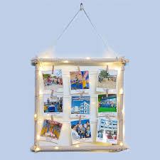 Wooden Photo Display Board with LED String Lights & Clothespins