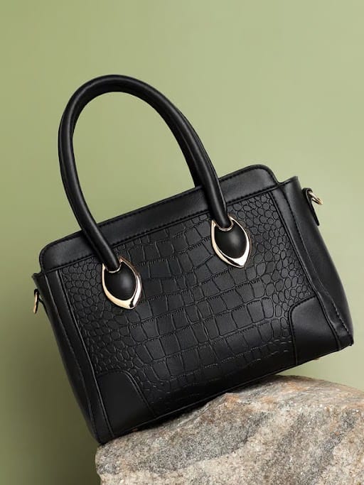 Chic Black Crocodile Textured Faux Leather Handbag with Gold Hardware - Handbags | Buy online on ZillyBuy