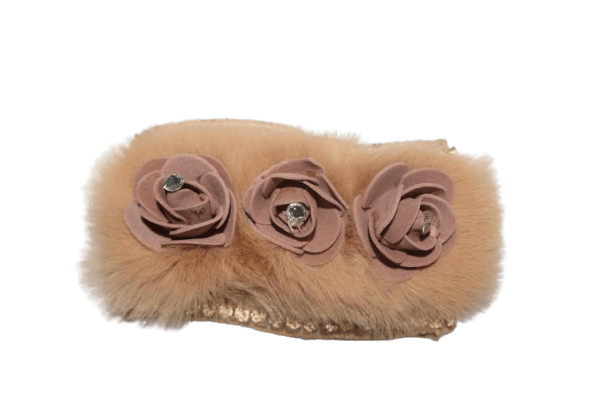 Faux Fur Headband with Rose Appliques and Rhinestones