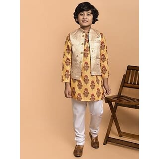 PrintCultr Boys Festive & Party Kurta, Waistcoat and Pyjama Set (Yellow Pack of 3)