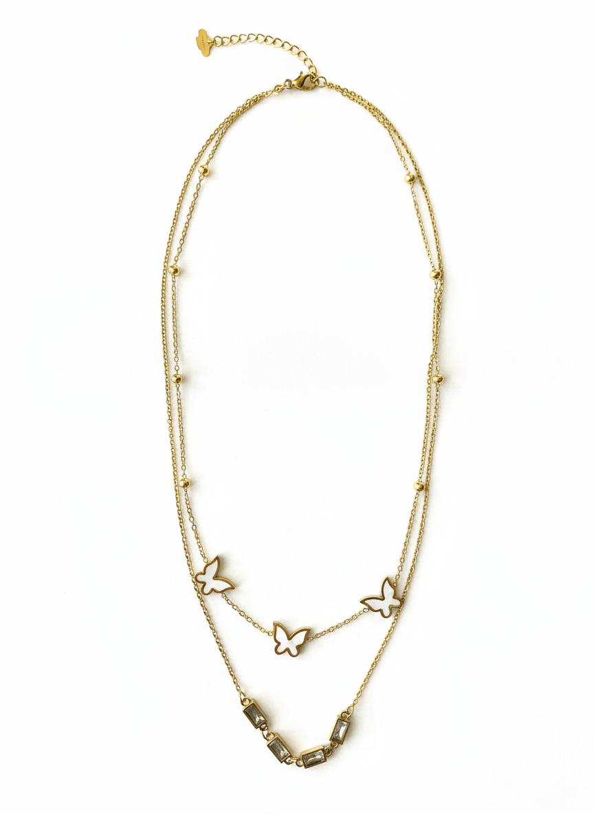 Women's Gold-Plated Layered Butterfly & Crystal Pendant Necklace