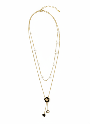 Layered Gold-Plated Necklace with Pearl Accents and Floral Charm Pendant
