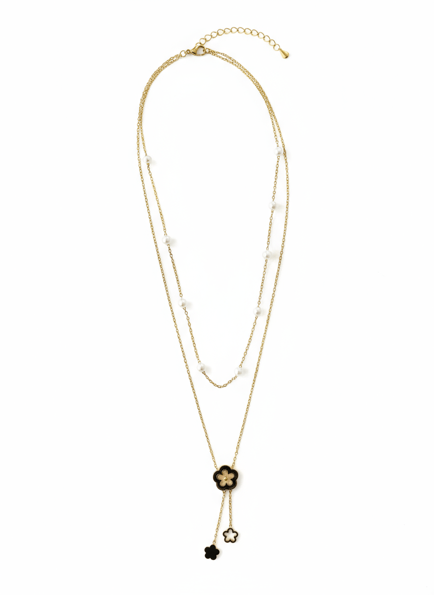 Layered Gold-Plated Necklace with Pearl Accents and Floral Charm Pendant
