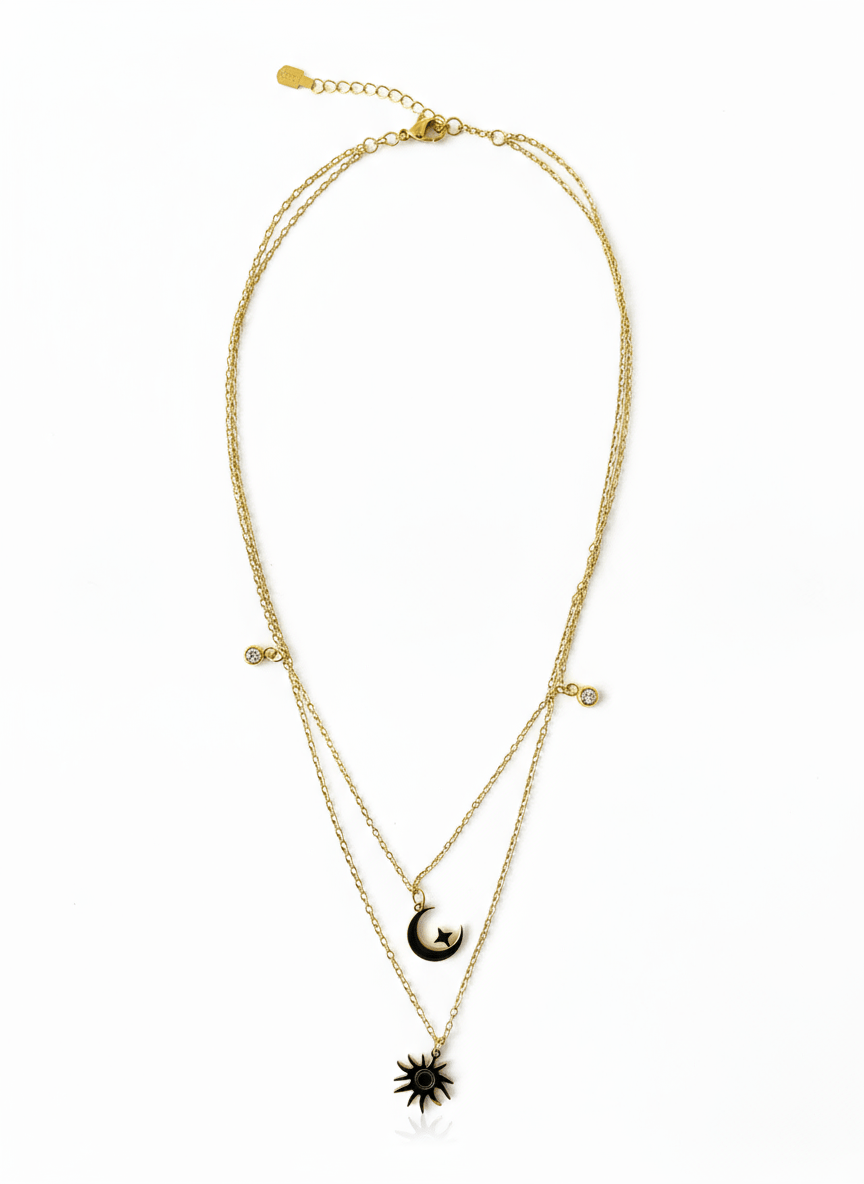 Layered Gold-Tone Moon Sun Charm Necklace with CZ Accents