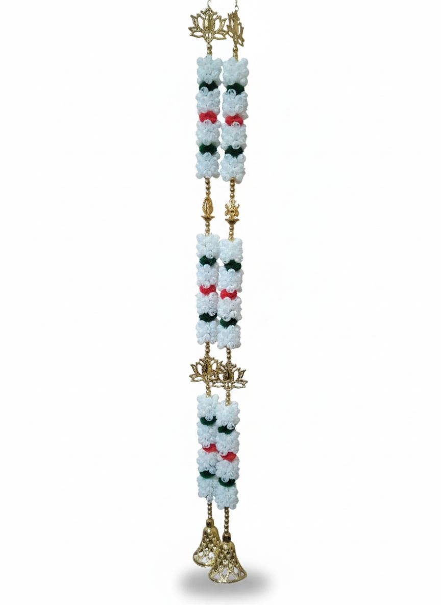Artificial White Red Green Beaded Garland with Golden Lotus & Bells for Festival Decor