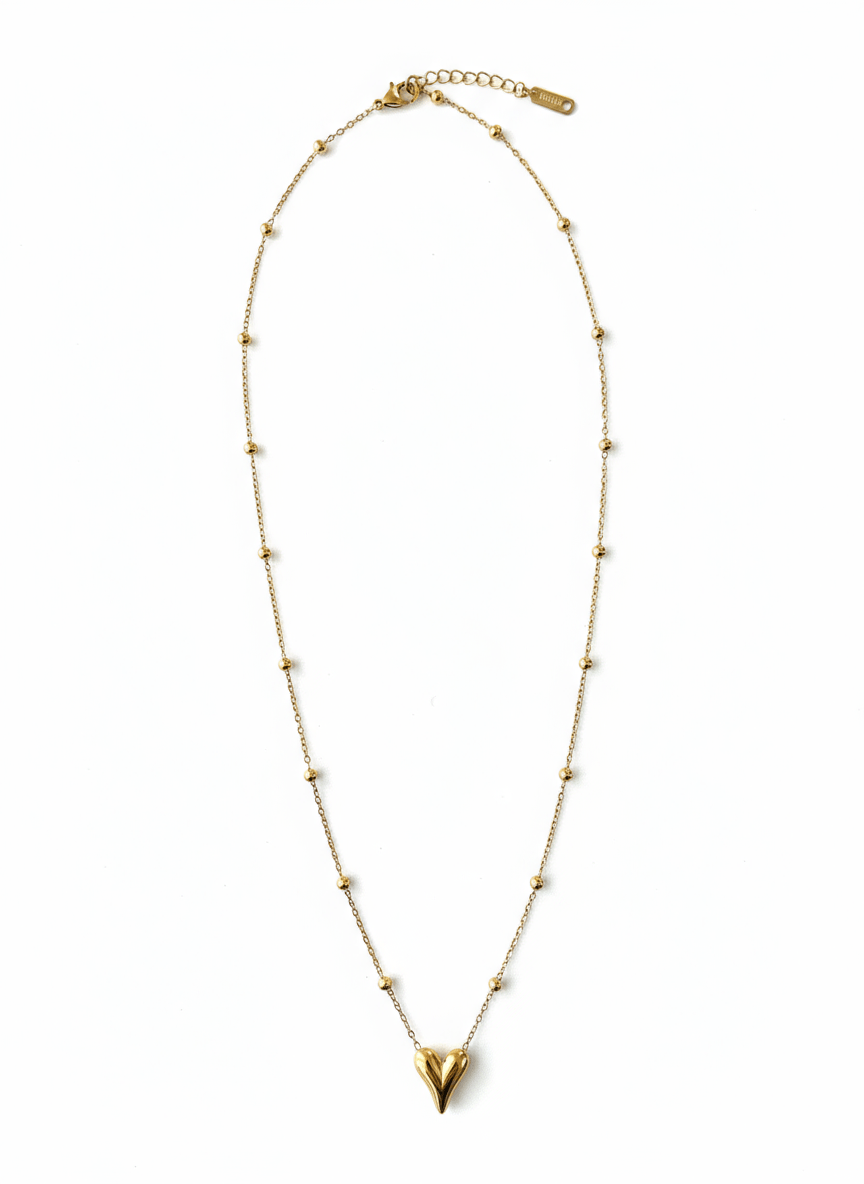 Elegant Gold Plated Beaded Chain Necklace with Heart Pendant