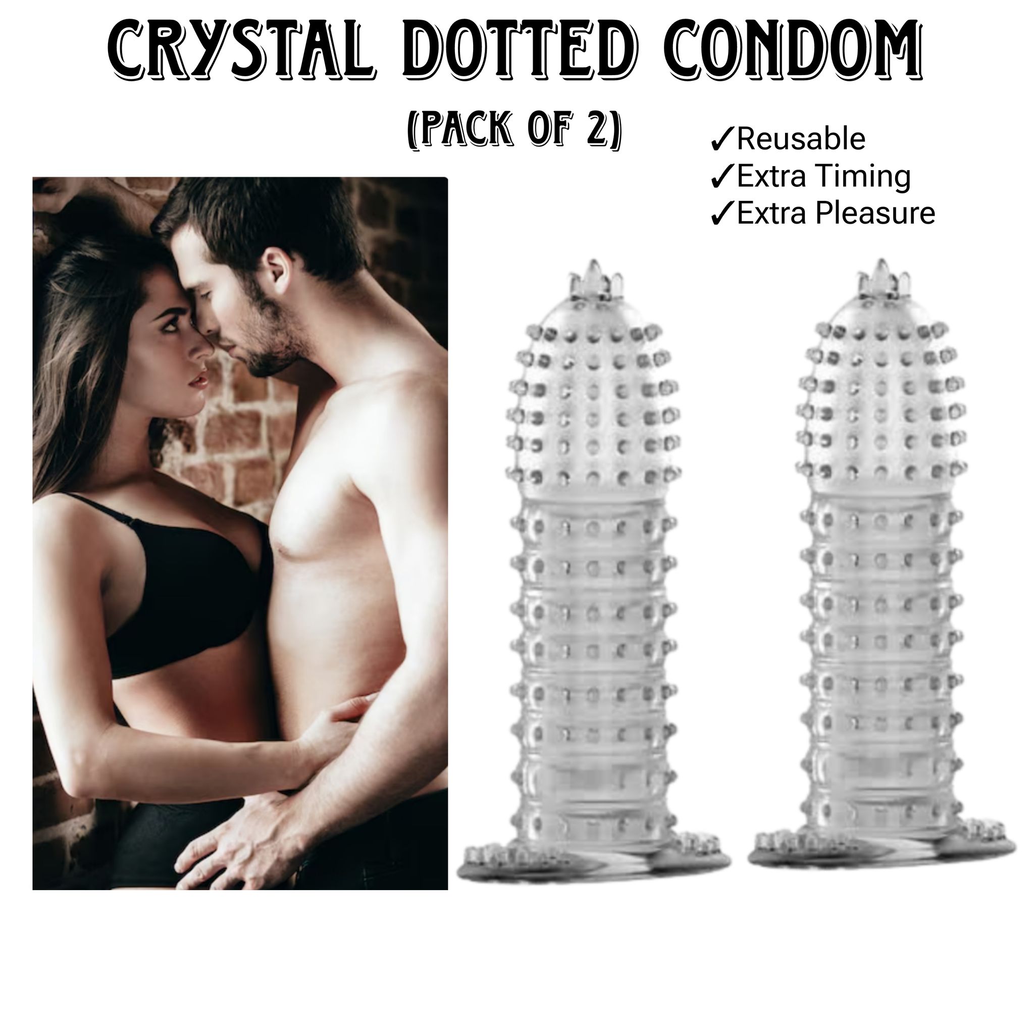 Crystal Dotted Spike Condom Reusable Enhance Pleasure with Textured Stimulation Transparent (Pack of 2)