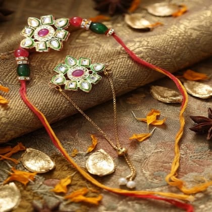 Premium Handmade Kundan Bhaiya Bhabi Rakhi Gift
