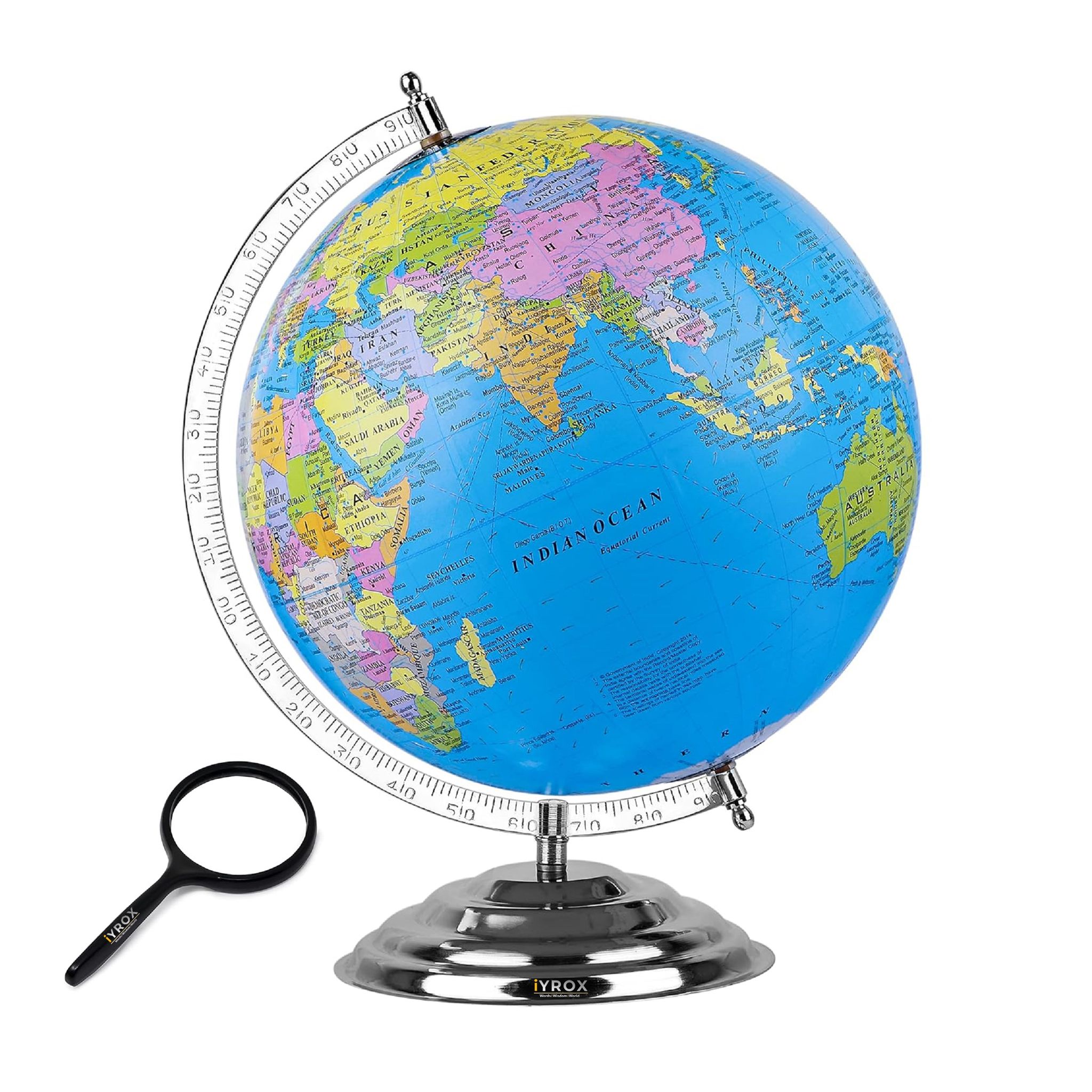 iYROX 10-Inch Diameter Political STEM Globe with Metal Base & Magnifying Glass (Blue) – For Kids’ Learning, Study Rooms & Home Décorter Political Metal Base STEM Globe with Magnifying Glass (Blue)