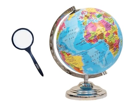 iYROX Educational 8-Inch Rotating Globe with Steel Finish Arc & Base, Magnifying Lens – Blue | Home, Office & Gift Décor