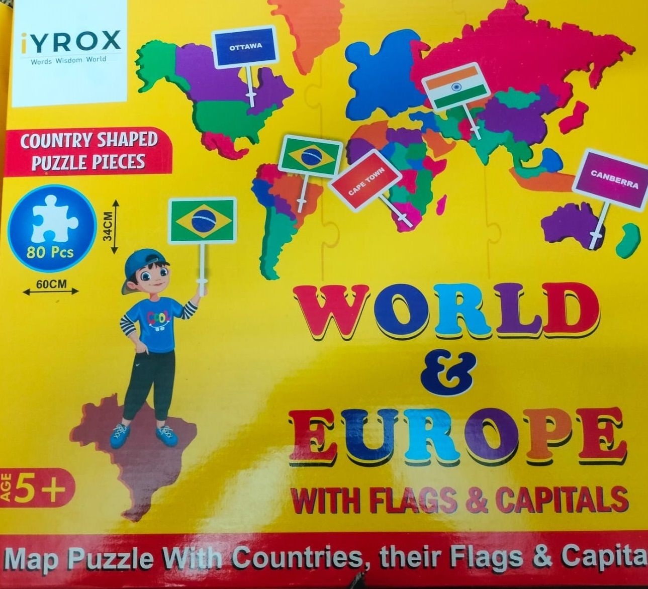 iYROX World Map Floor Jigsaw Puzzle – Educational Toy with Countries & Capitals for Kids
