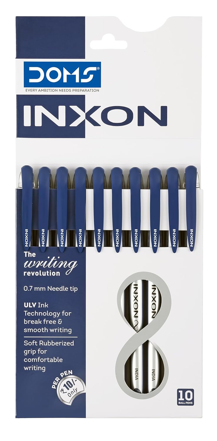 DOMS INXON 0.7mm Needle Tip Blue Ball Pens with Rubberized Grip (Pack of 10)
