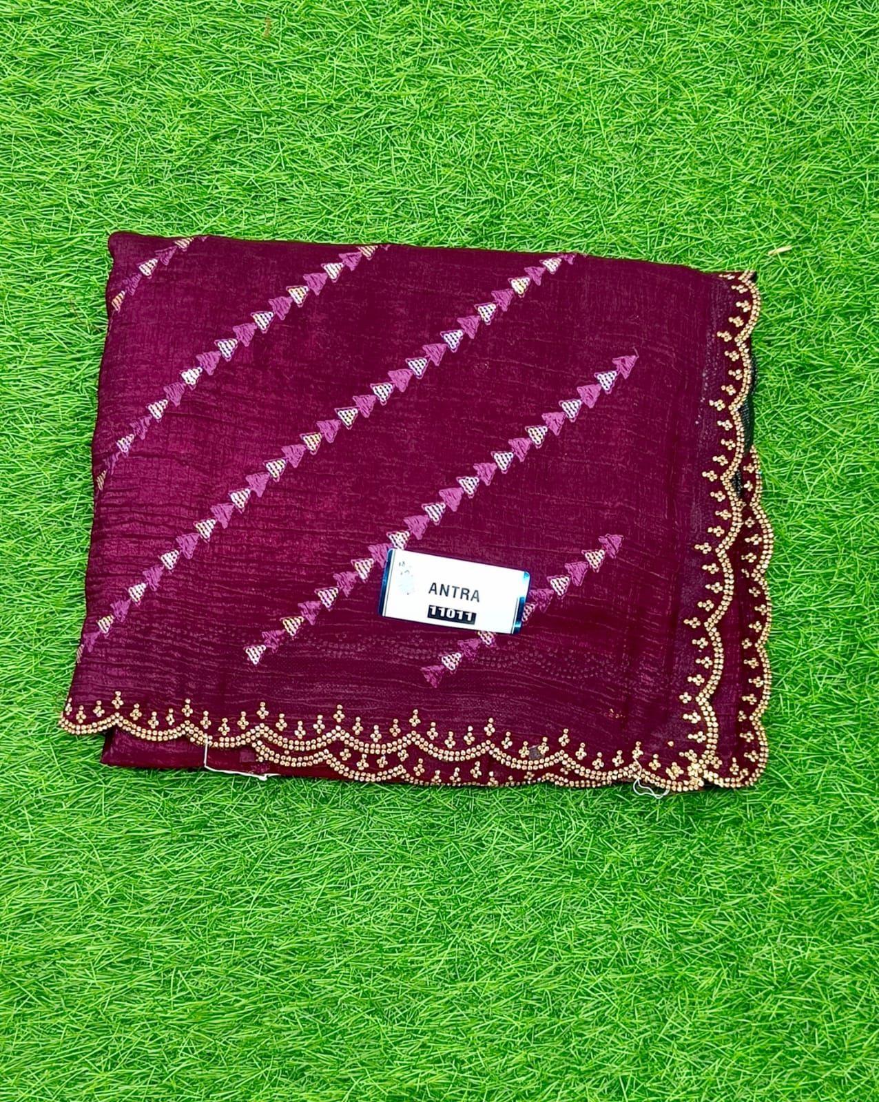 Designer Embroidered Maroon Saree with Golden Lace Border