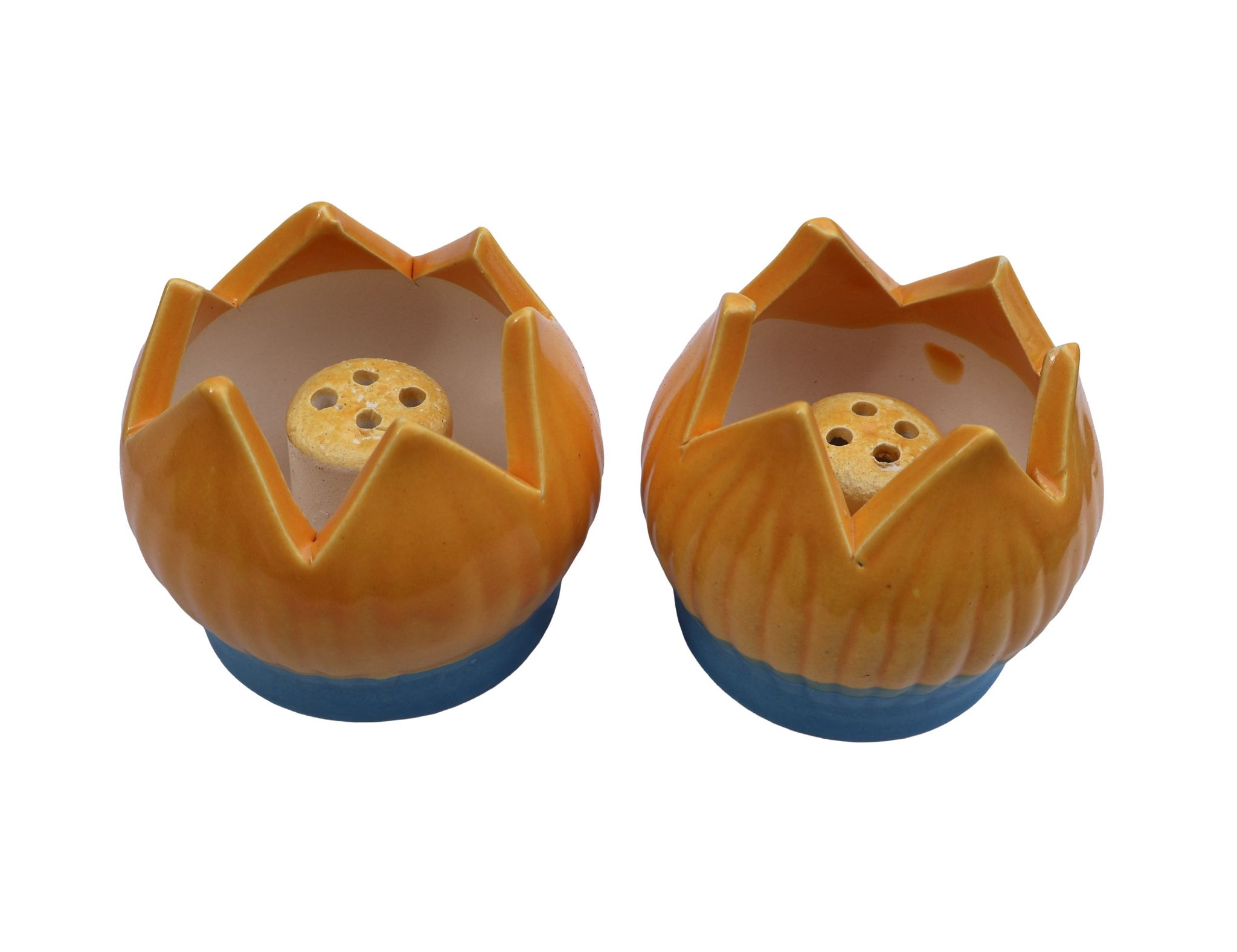 Ceramic Lotus Incense Stick Holders - Orange & Blue (Set of 2)