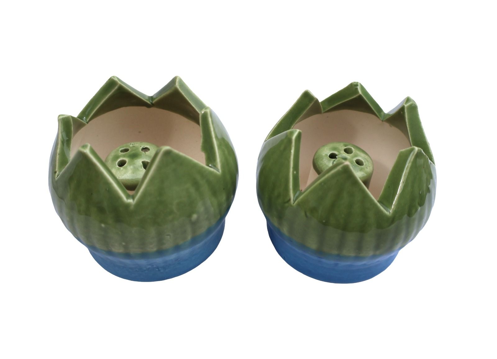 Handcrafted Ceramic Lotus Incense Burner Set - Green & Blue Decorative Pot