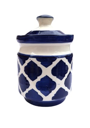 Handmade Ceramic Pickle Jar with Lid, Blue and White Patterned Storage Container