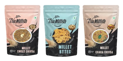 TruMillets Ready to Eat Sweet Chivda, Spicy Khara Chivda & Crunchy Millet Bites (Each 125 gm) (Pack of 3) | Healthy Snacks | Gluten-Free | No Palm Oil | High Protein & Fiber