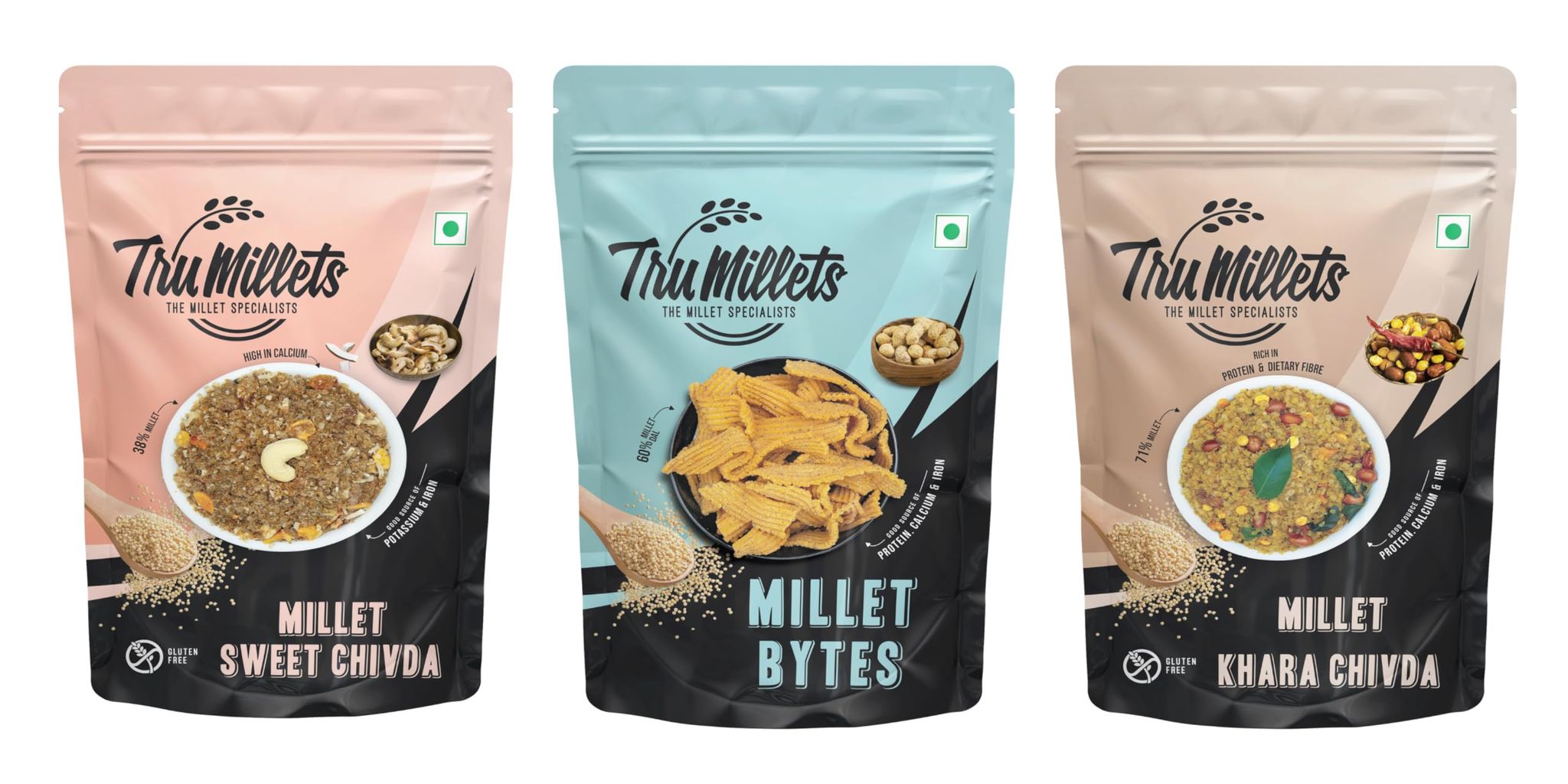 TruMillets Ready to Eat Sweet Chivda, Spicy Khara Chivda & Crunchy Millet Bites (Each 125 gm) (Pack of 3) | Healthy Snacks | Gluten-Free | No Palm Oil | High Protein & Fiber