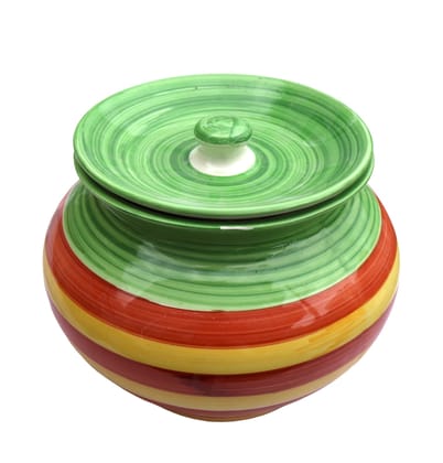 Hand-painted Striped Ceramic Storage Pot with Lid - Green, Red & Yellow