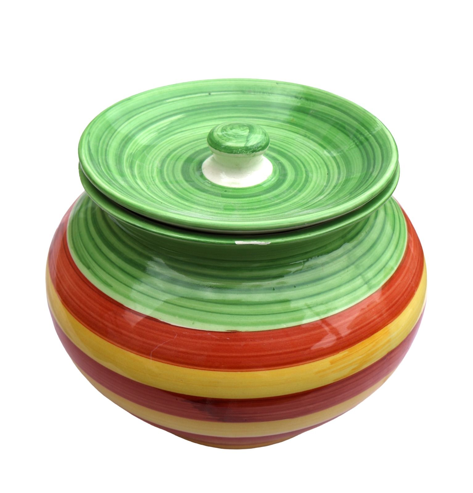 Hand-painted Striped Ceramic Storage Pot with Lid - Green, Red & Yellow