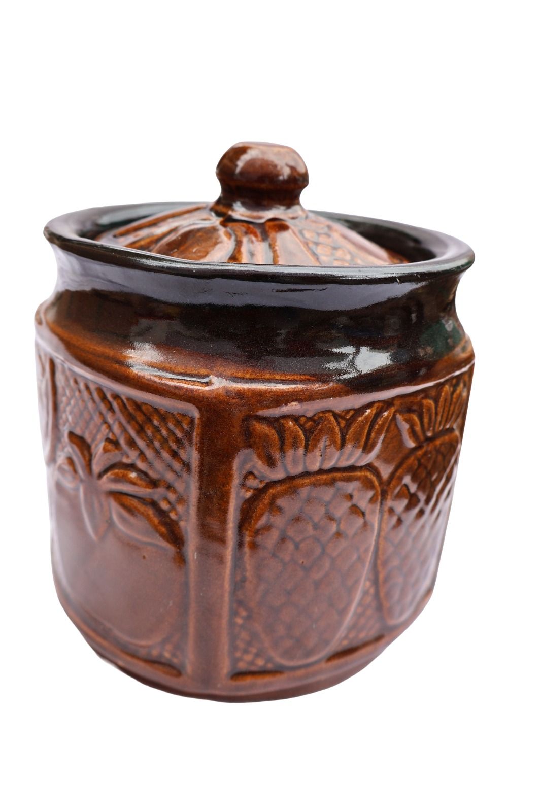 Traditional Ceramic Brown Jar with Lid for Storage and Decor