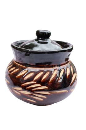 Handcrafted Dark Brown Ceramic Clay Pot with Lid, Traditional Earthenware Serving Dish