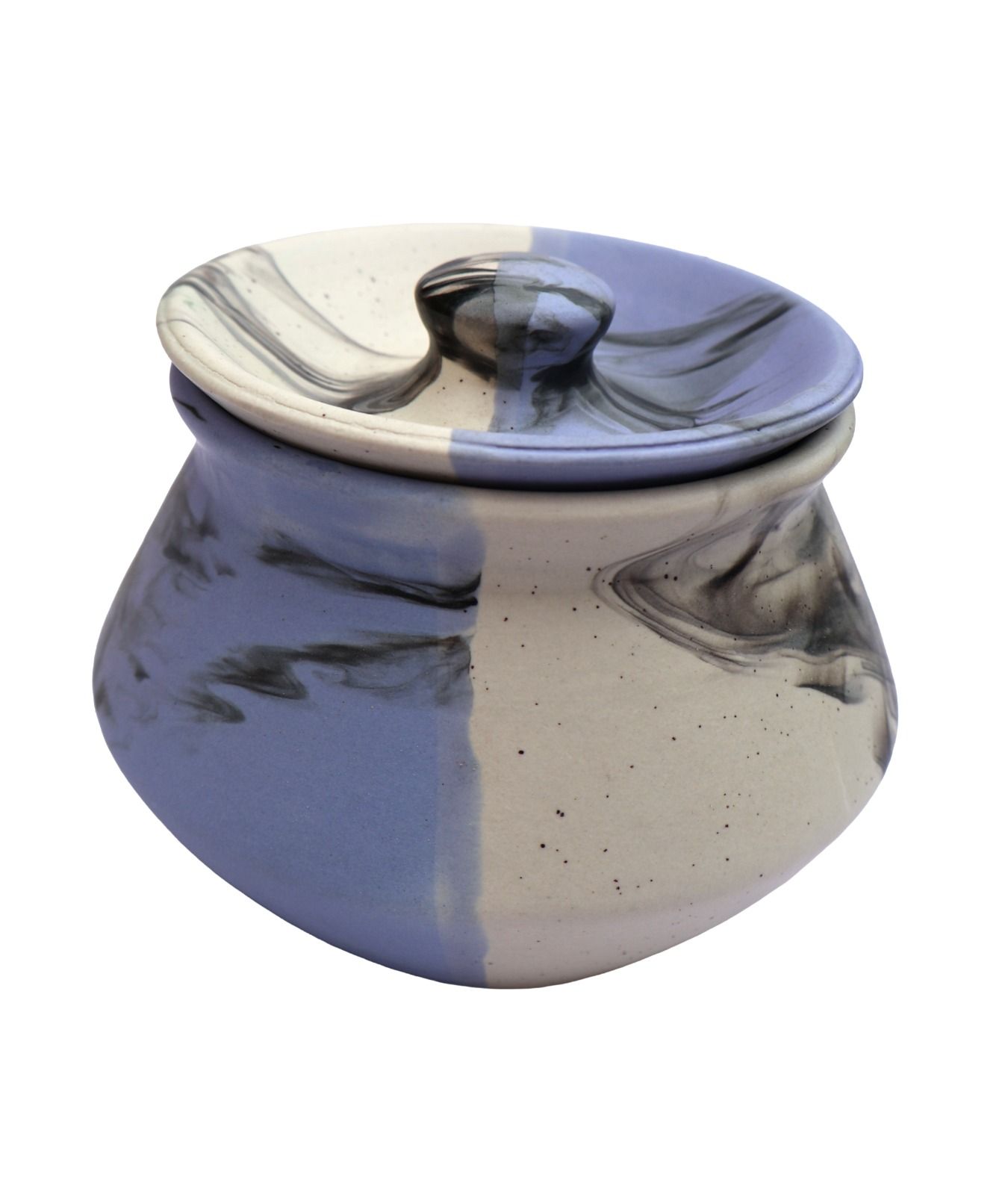 Artisan Marbled Ceramic Storage Jar with Lid, Two-Tone Blue & Cream
