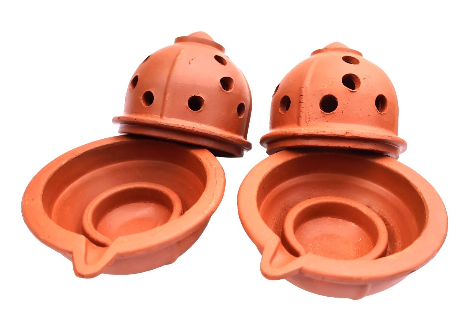 Terracotta Clay Oil Lamp Diya with Vented Dome Cover for Puja & Decoration (Set of 2)