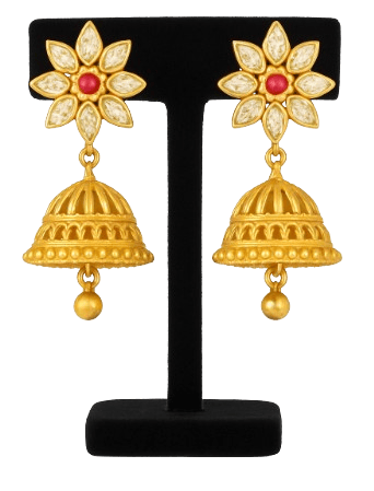 Traditional Gold Plated Floral Jhumka Earrings with White & Red Stones - Earrings | Buy online on ZillyBuy