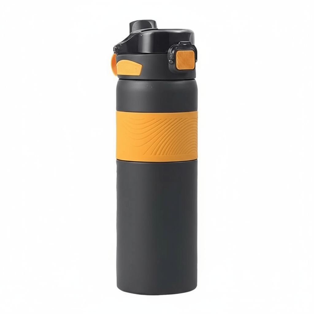 Stylish Dark Grey Water Bottle with Orange Grip - BPA Free & Leak-Proof