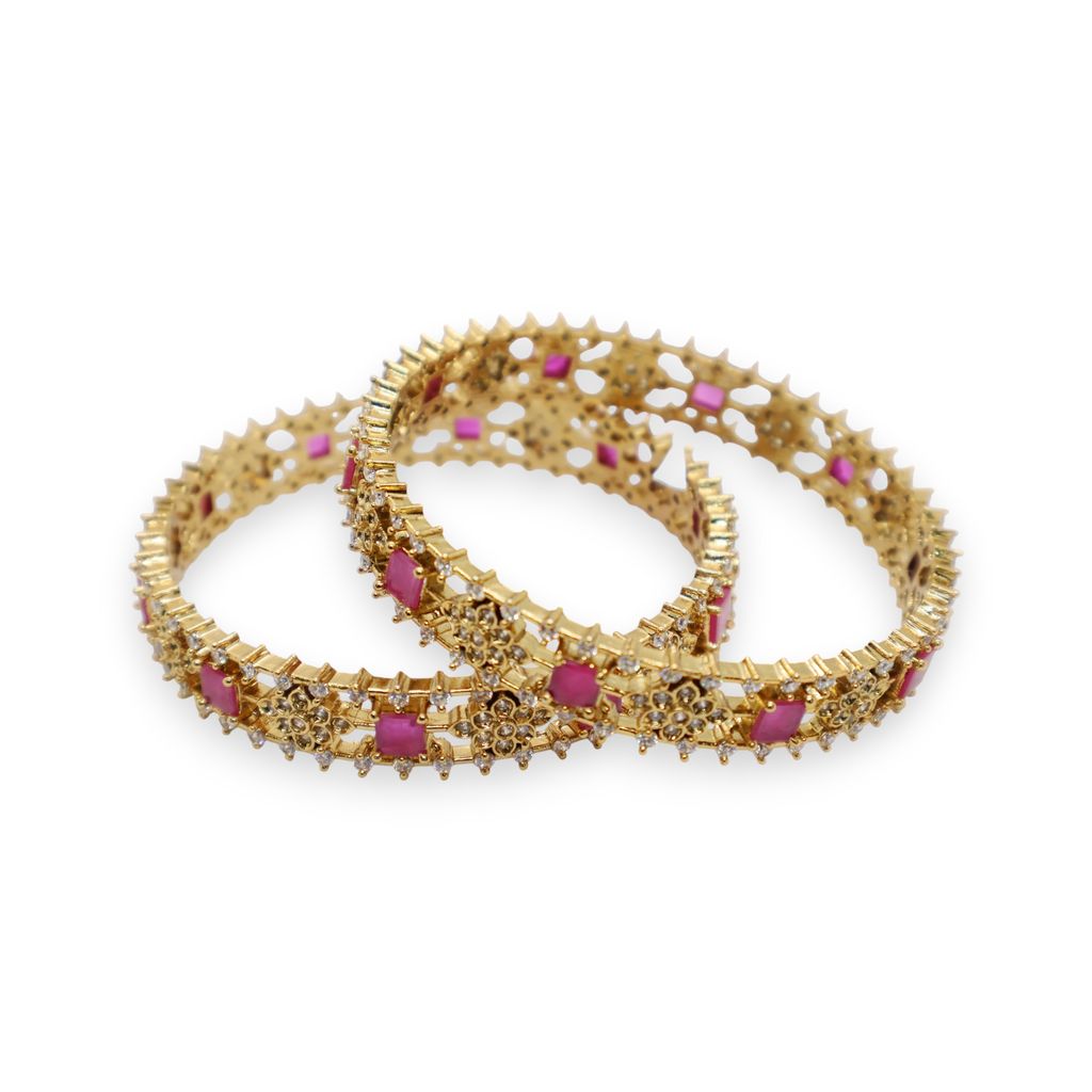 Royal Radiance Gold-Plated Bangle with Pink Stone Embellishments