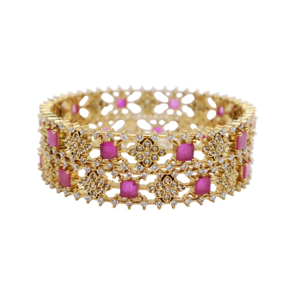 Royal Radiance Gold-Plated Bangle with Pink Stone Embellishments