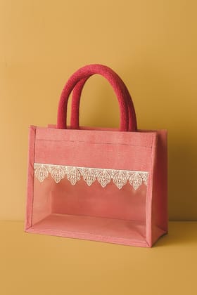 Dark Pink Jute & Net Tote Bag with Lace Detail Dark Pink Jute & Net Tote Bag with Lace Detail