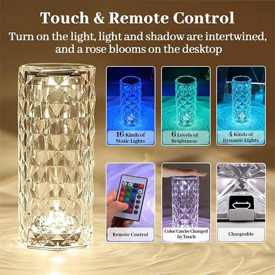 Crystal Rose Diamond LED Table Lamp with Remote, RGB Touch Control Night Light