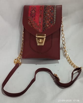 Maroon Faux Leather Mobile Pouch Sling Bag with Embroidered Flap & Gold Chain