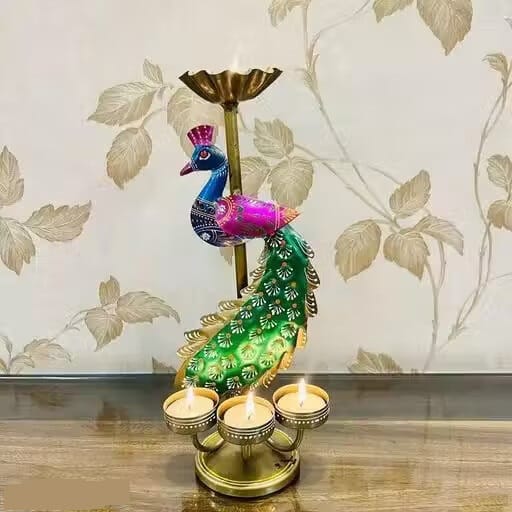 Handcrafted Metal Peacock Candle Holder Home Temple Decor for Dewali Decoration Diwali Gift Pooja Room Decor