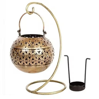 Globe Dhoop & Tea Light Candle Holder/Lantern Hanging Degchi/Dhuni with Stand Antique Gold Finish for Diwali Gifts | Home Decoration | Gifts | Home Decor